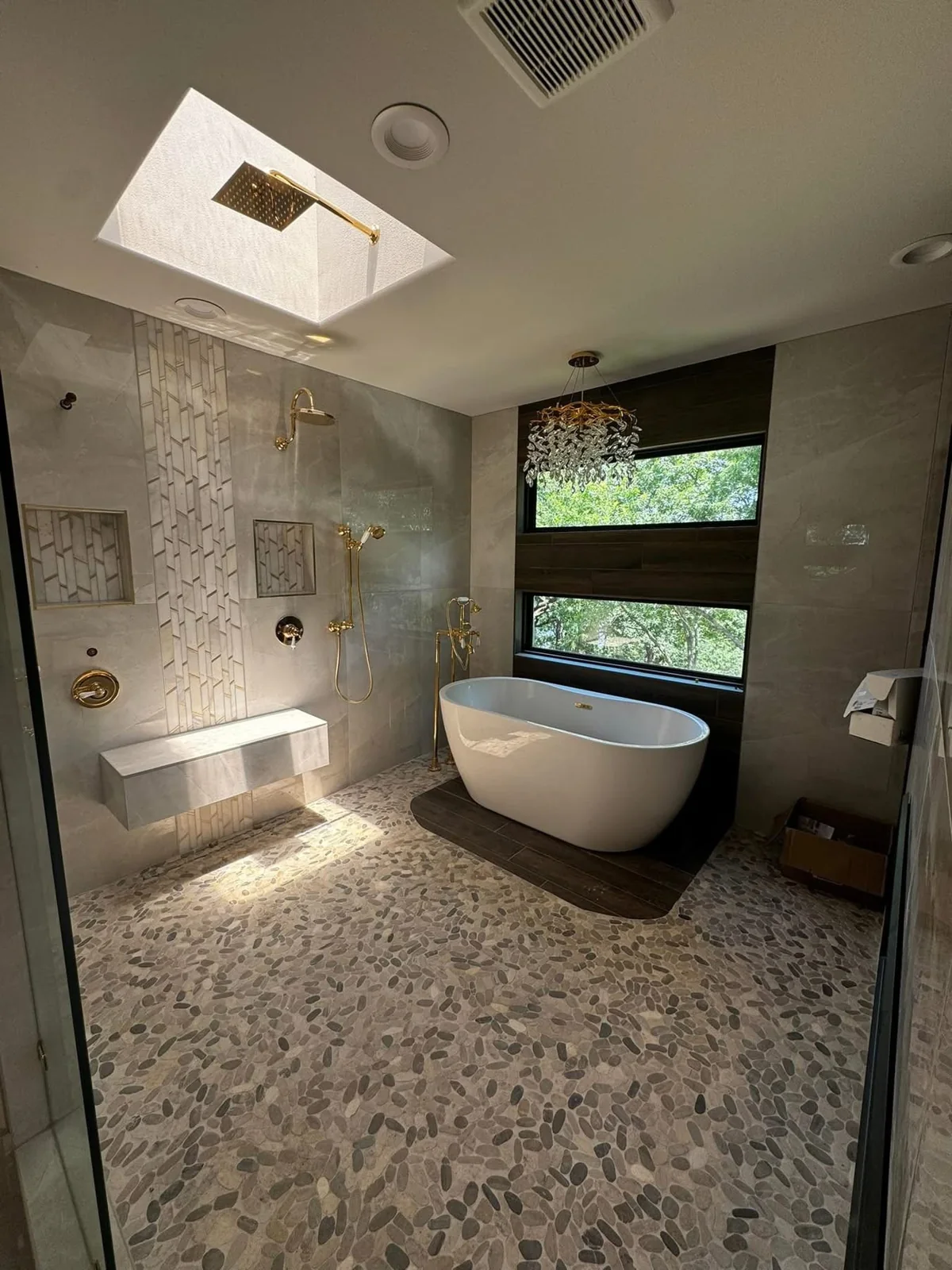 Patterned tile floor opening to a large living area